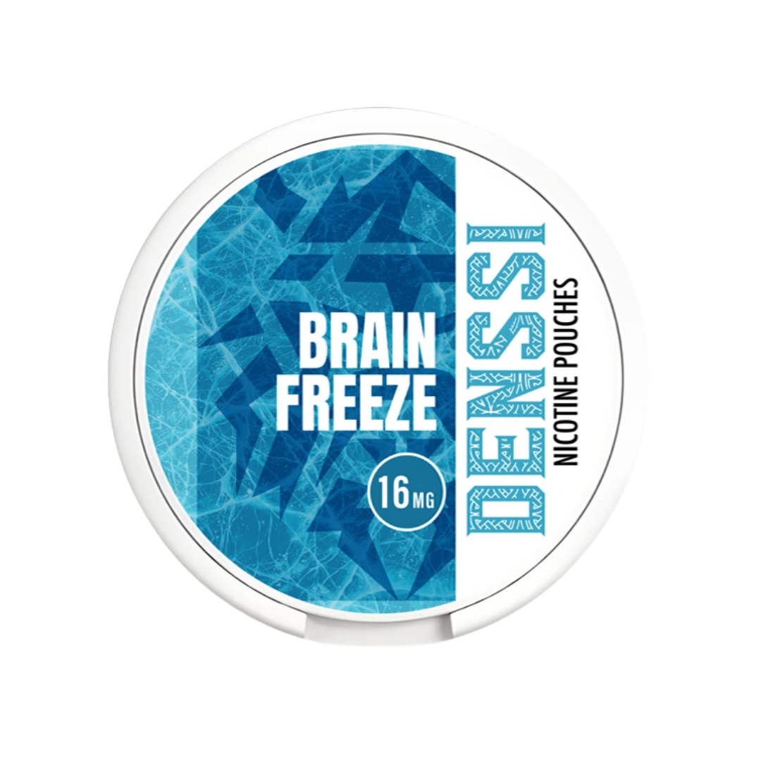 Detail close-up of Denssi Brain Freeze menthol pouch in a circular blue and white container on a white background