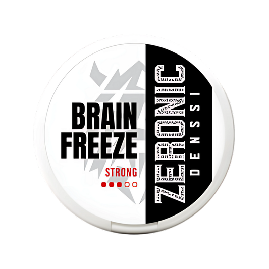 Detail close-up of the Denssi Brain Freeze container showcasing the logo and text label on a transparent background.