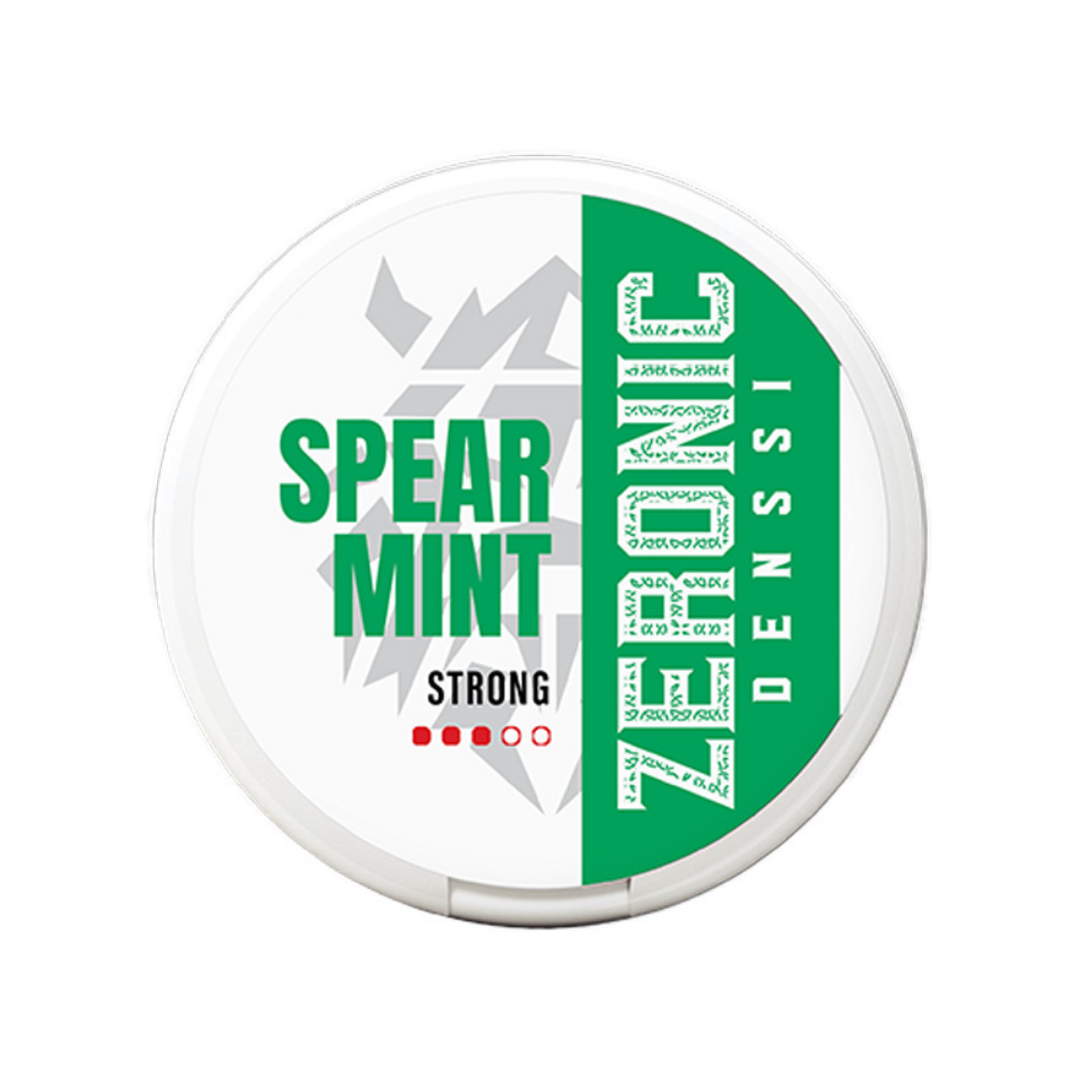 Packaging shot of Denssi Spearmint Zeronic in a round white and green container with label design.