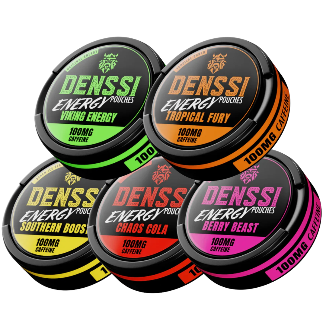 Front view of colorful energy mix cans featuring tropical, berry, cola, citrus flavors with vibrant labels.