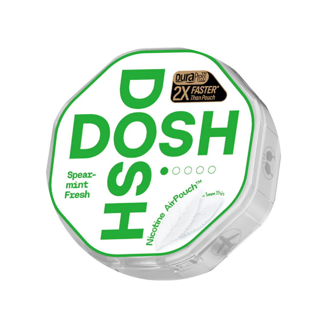 Detail close-up of Dosh Spearmint Fresh packaging showcasing green and white colors with bold text and a transparent lid.