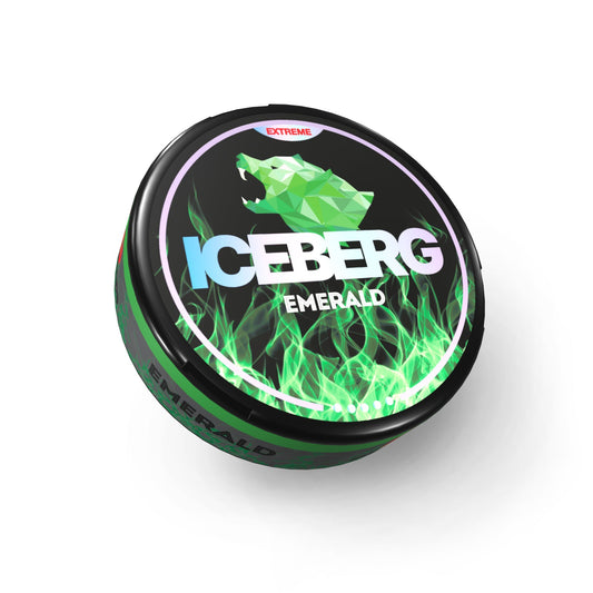 Circular tin of Iceberg Emerald nicotine pouches in black and green with graphic design, front view.