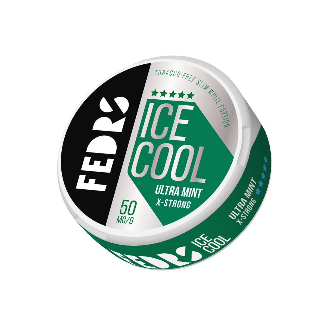Detail close-up of the Fedrs Ultra Mint X-Strong can featuring green, black, and white colors with a cooling effect.