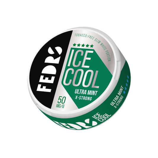 Detail close-up of the Fedrs Ultra Mint X-Strong can featuring green, black, and white colors with a cooling effect.