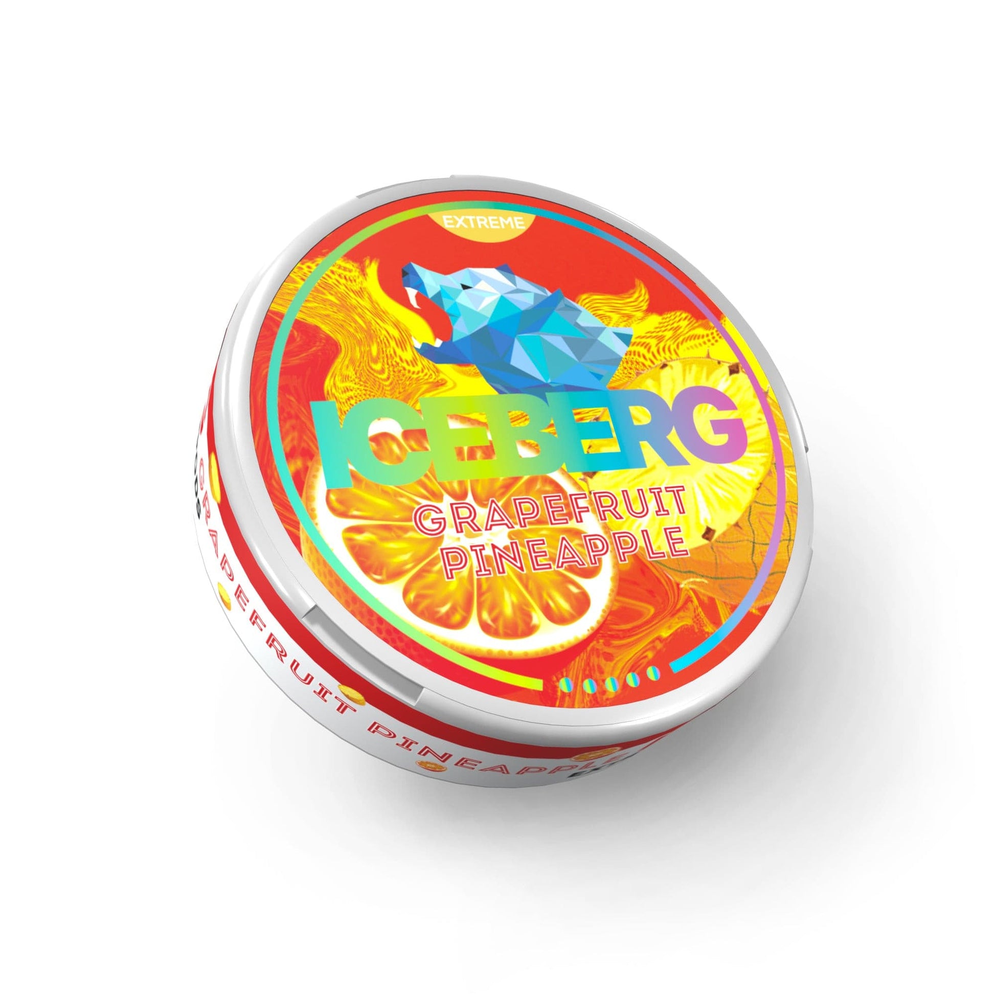 Detail close-up of the colorful grapefruit pineapple snus tin featuring a fish graphic and vibrant colors.