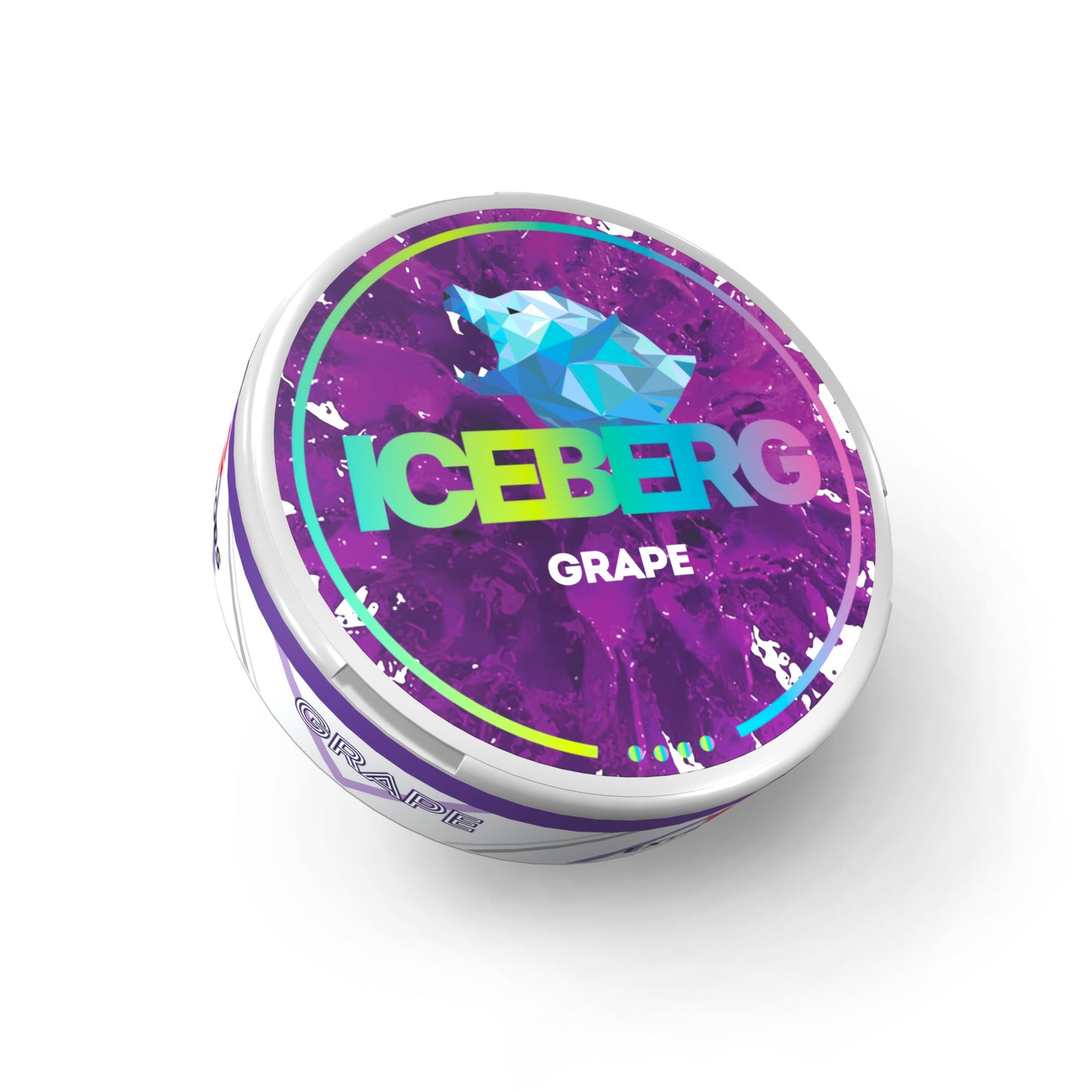 Detail close-up of a grape flavored tin featuring purple and blue colors on a white background.