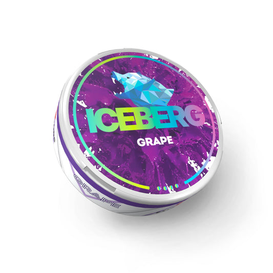 Detail close-up of a grape flavored tin featuring purple and blue colors on a white background.