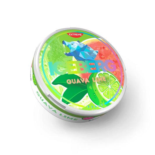 Front view of a colorful circular tin of Iceberg Guava Lime snus featuring green, orange, and blue colors.