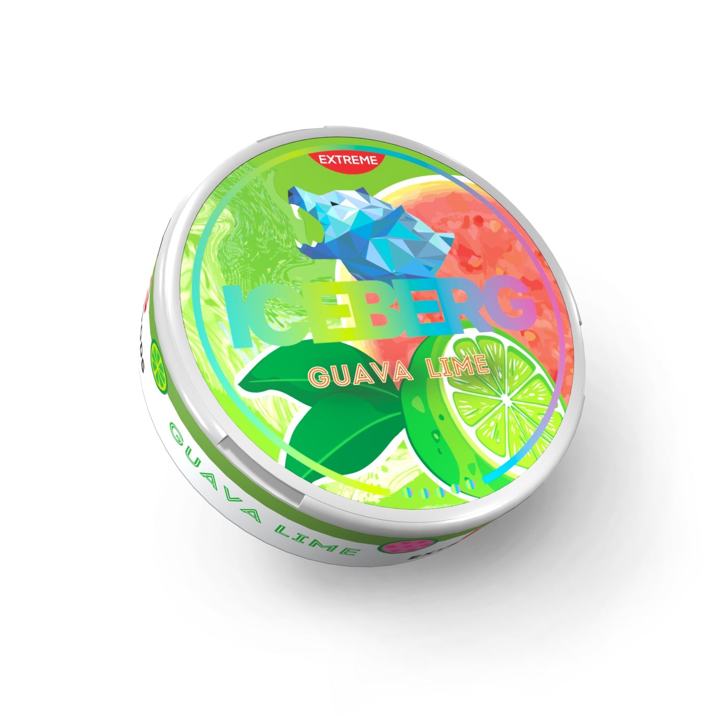 Front view of colorful round tin container of Iceberg Guava Lime nicotine pouches with vibrant design.