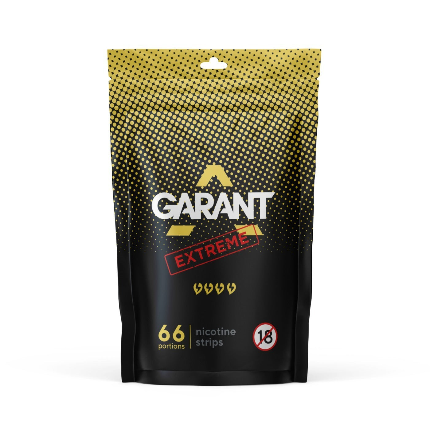 Front view of Garant Extreme Strips packaging in a resealable black and gold bag featuring a bold logo and nutritional inf…