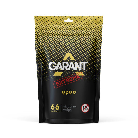 Front view of Garant Extreme Strips packaging in a resealable black and gold bag featuring a bold logo and nutritional inf…