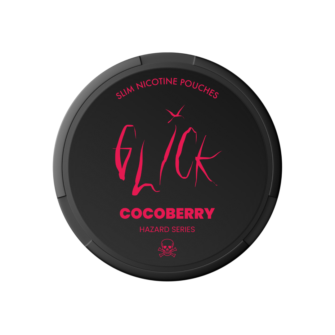 Detail close-up of Glick Cocoberry Hazard Series pouch featuring bold text and a coconut scent, with black and pink colors.