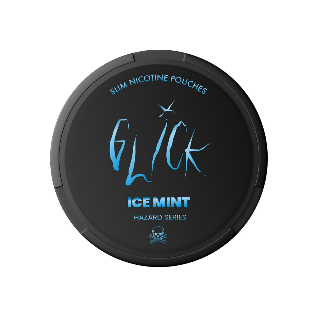 Detail close-up of Glick Ice Mint pouch in a round container, showcasing bold text and icy mint flavor.