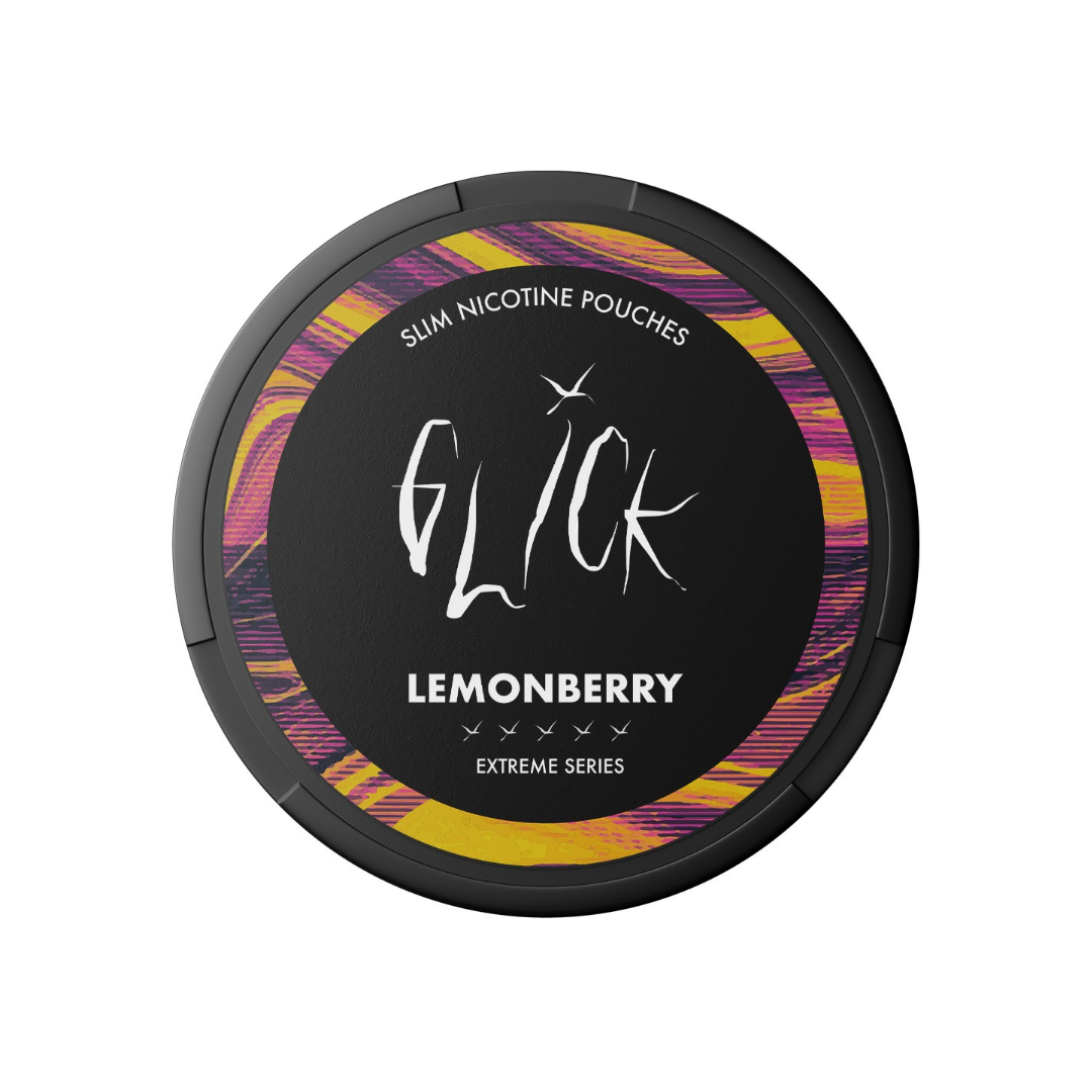 Detail close-up of a colorful circular container featuring Glick Lemonberry design in black, purple, yellow, and red.