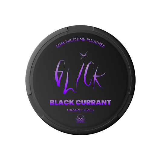 Detail close-up of Glick Black Currant pouch in a round container with a black and purple label.