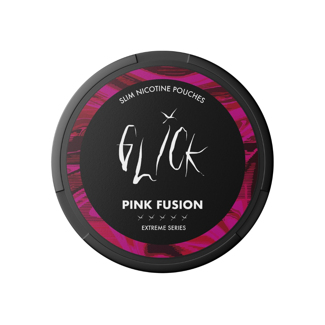 Detail close-up of the Glick Pink Fusion Extreme Series pouch, featuring a round black and pink container with a label des…