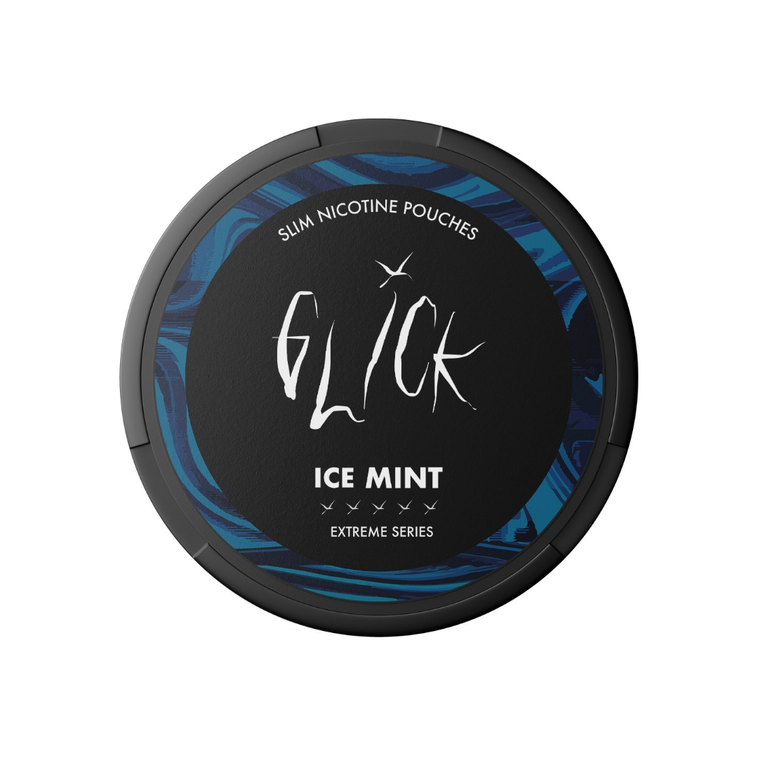 Detail close-up of Glick Ice Mint pouch in a round black and blue container with graphic design.