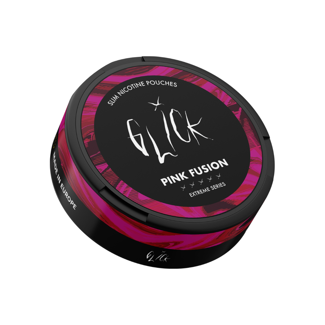 Detail close-up of the Glick Pink Fusion Extreme Series pouch, showcasing a round black and pink container with a label de…