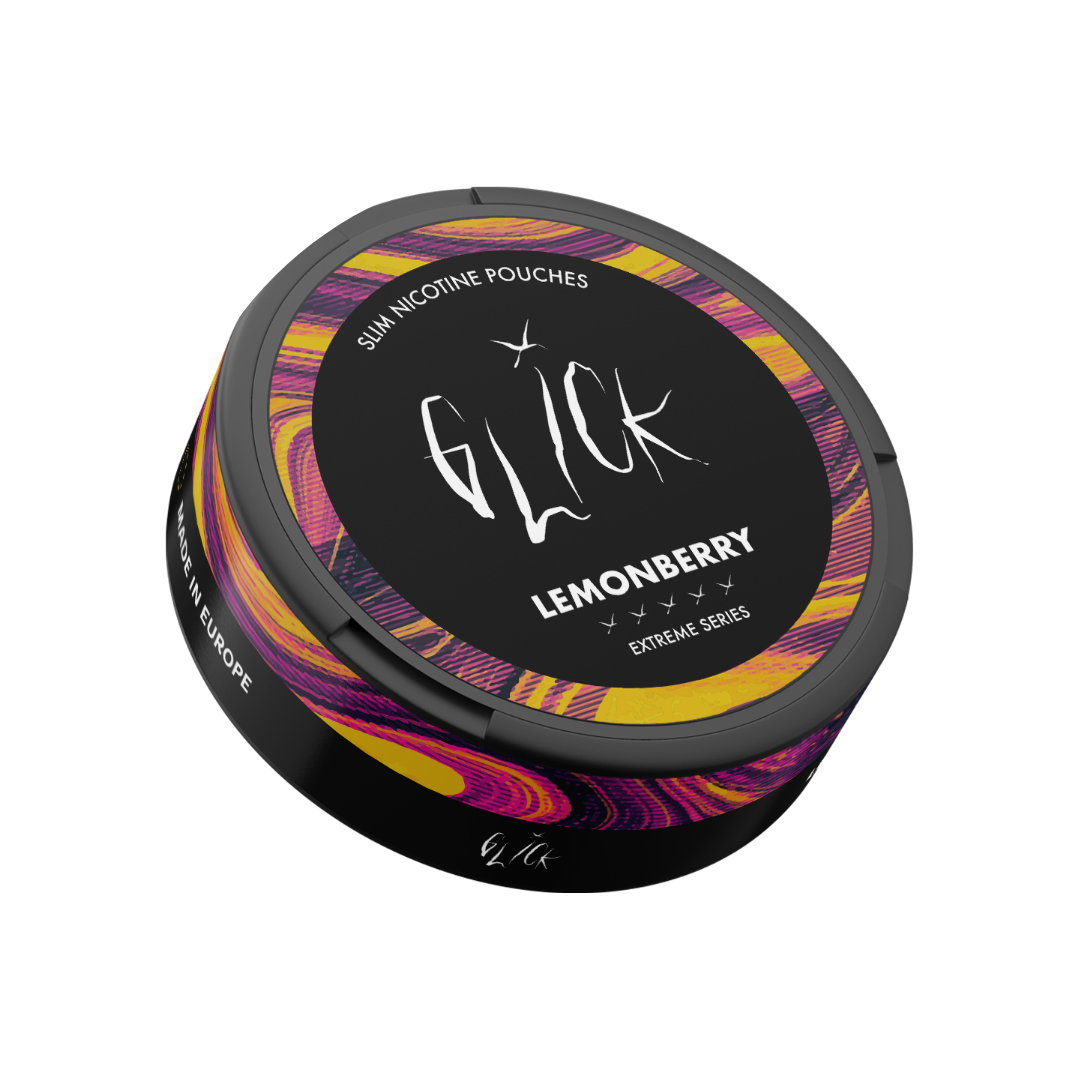Detail close-up of a colorful circular container showcasing Glick Lemonberry design in black, purple, yellow, and red.