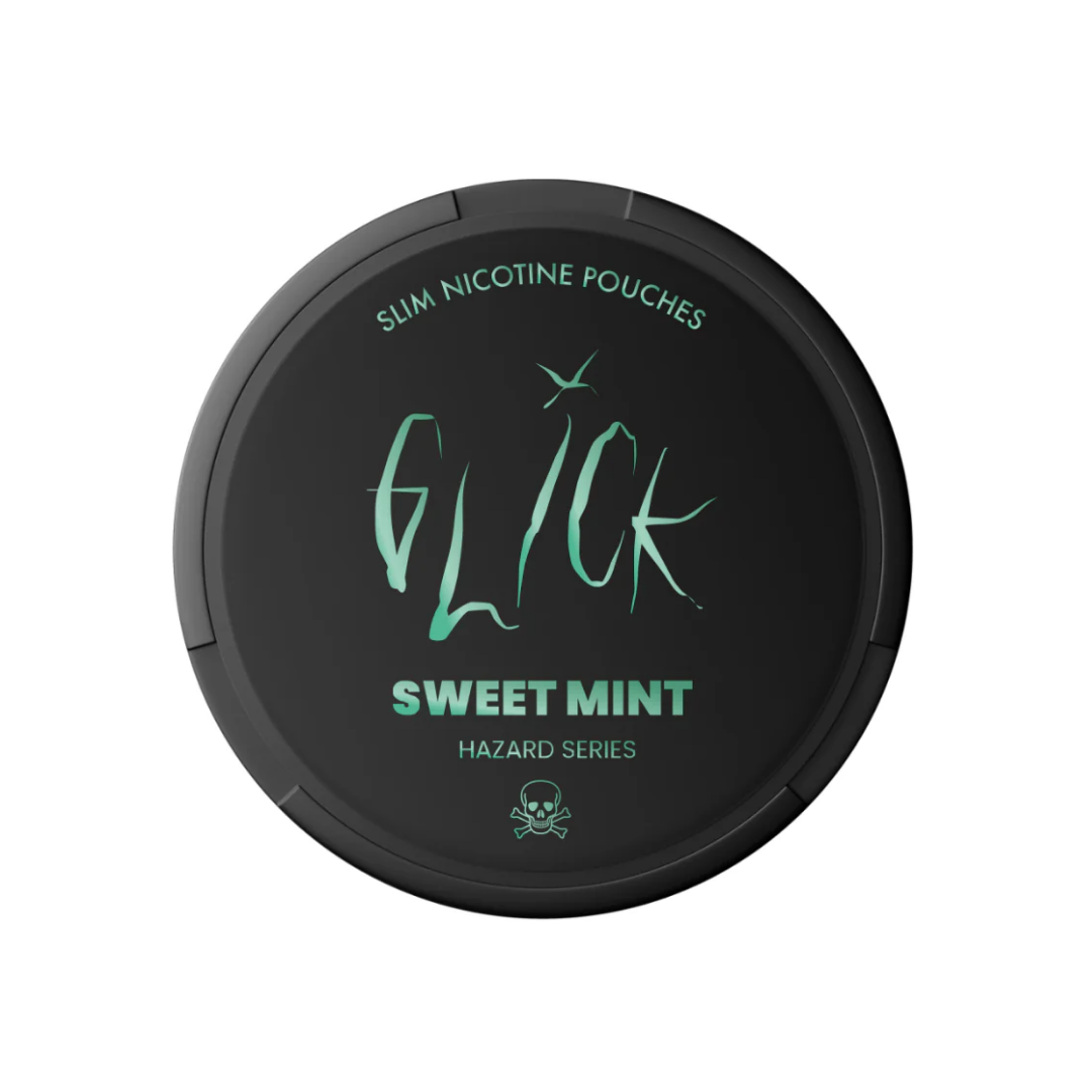 Detail close-up of a black circular container featuring label text for Glick Sweet Mint flavor.