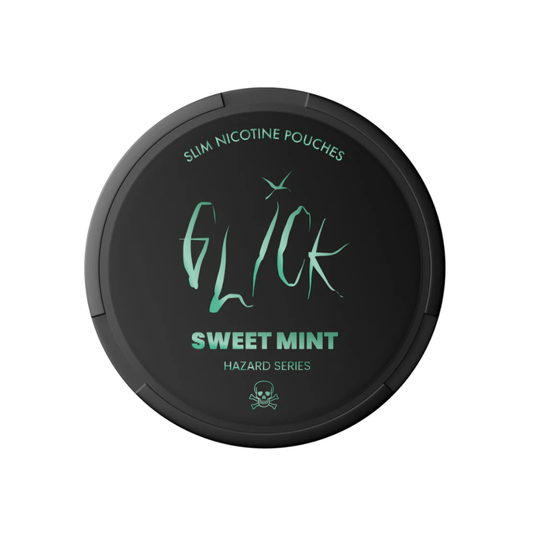 Detail close-up of a black circular container featuring label text for Glick Sweet Mint flavor.