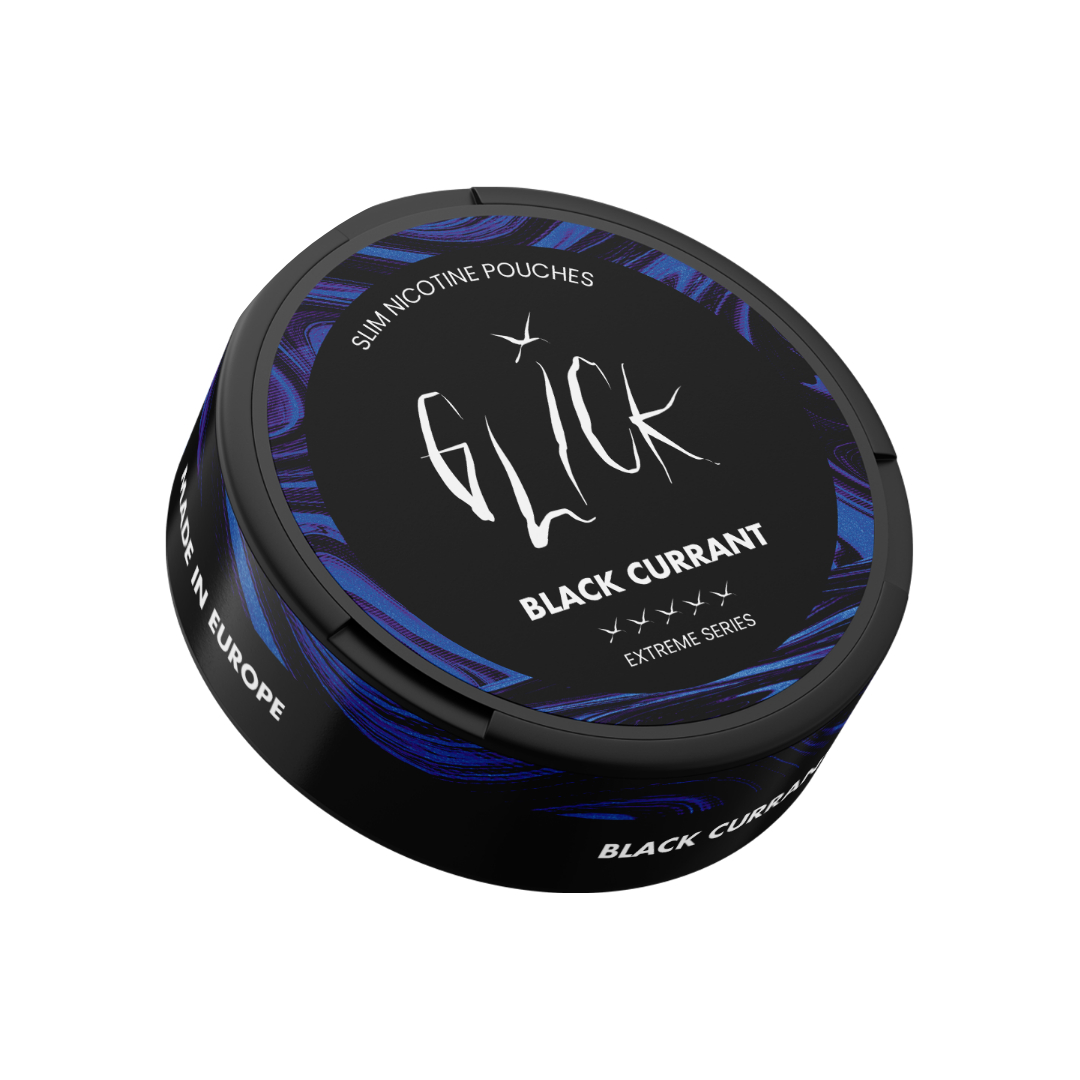 Front view of the Glick Black Currant pouch with a round container and graphic design on a transparent background.