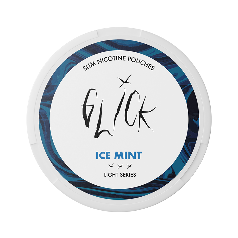 Detail close-up of Glick Ice Mint circular packaging featuring brand logo and flavor label in white and blue colors.