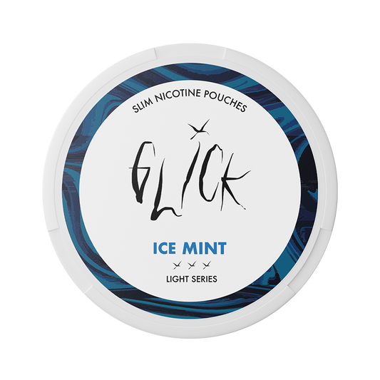 Detail close-up of Glick Ice Mint circular packaging featuring brand logo and flavor label in white and blue colors.