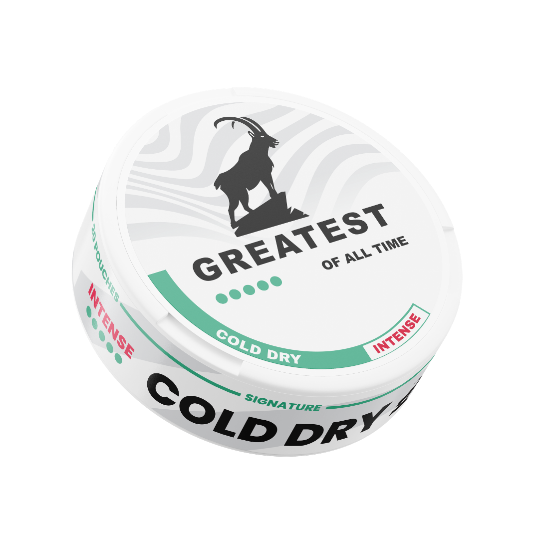 Detail close-up of the white can featuring a green and black logo design and text labels on a transparent background.