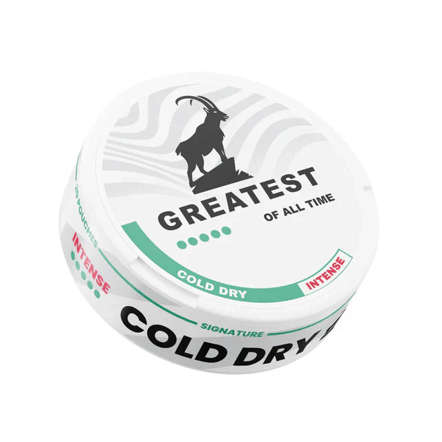 Detail close-up of a circular white and green snus can featuring cold brew flavor and branding text.