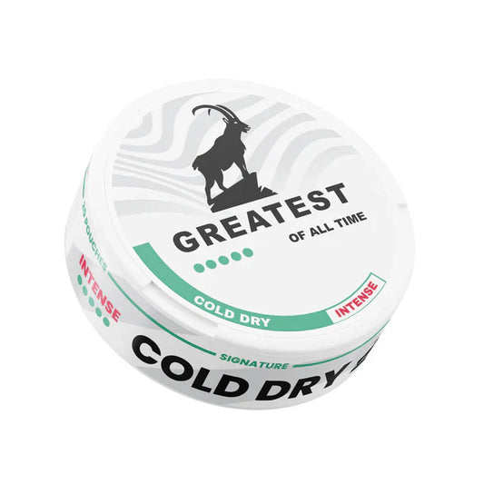 Detail close-up of a circular white and green snus can featuring cold brew flavor and branding text.