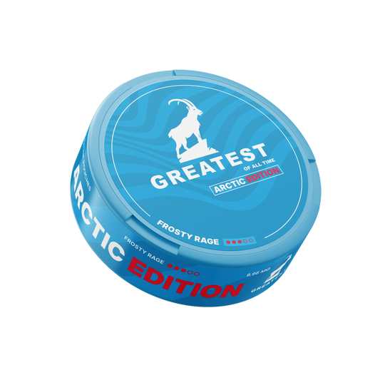 Front view of the blue can showcasing text branding and a circular shape, highlighting the limited edition Arctic flavor.