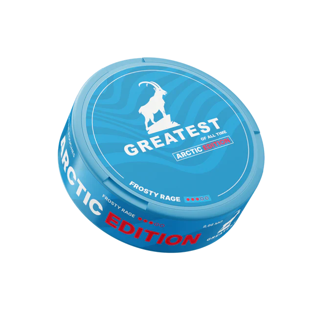 Detail close-up of a blue circular can featuring red and white text branding, limited edition design.