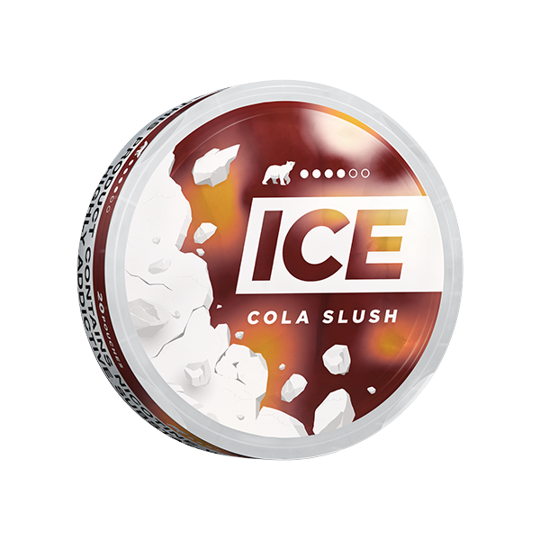 Detail close-up of the ICE Cola Slush can showcasing a circular design and logo in brown and white colors.
