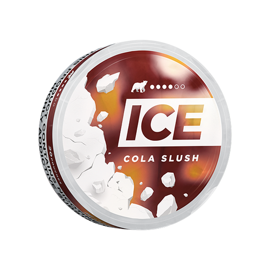 Detail close-up of the ICE Cola Slush can showcasing a circular design and logo in brown and white colors.