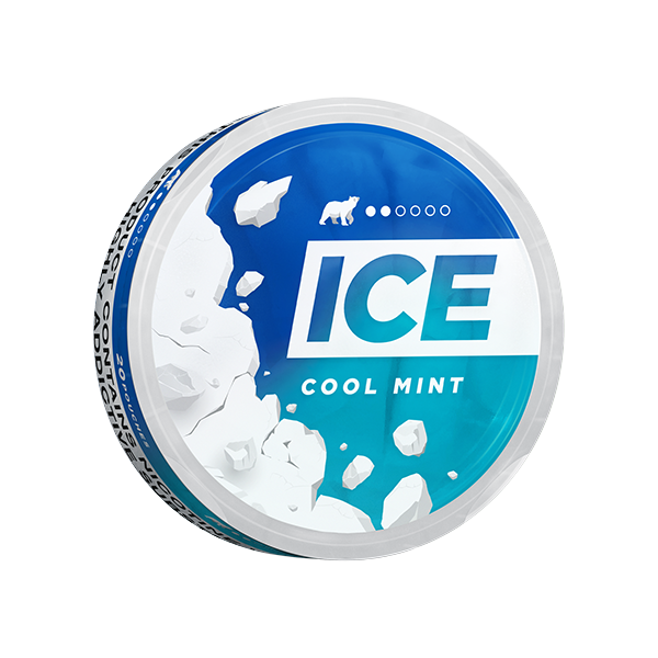 Perspective view of a round mint can featuring ice branding and cool mint flavor in blue and white colors