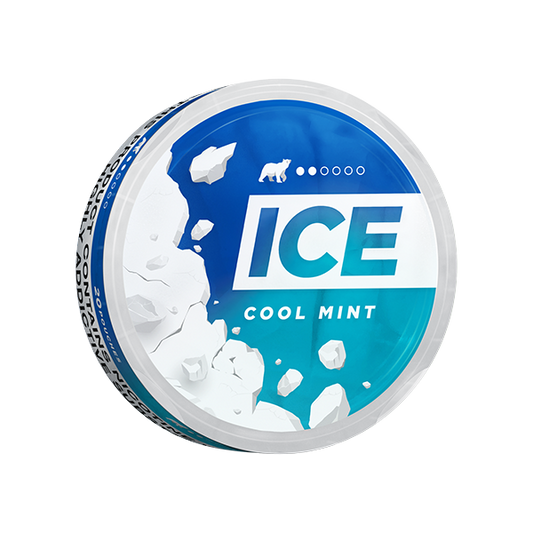 Perspective view of a round mint can featuring ice branding and cool mint flavor in blue and white colors