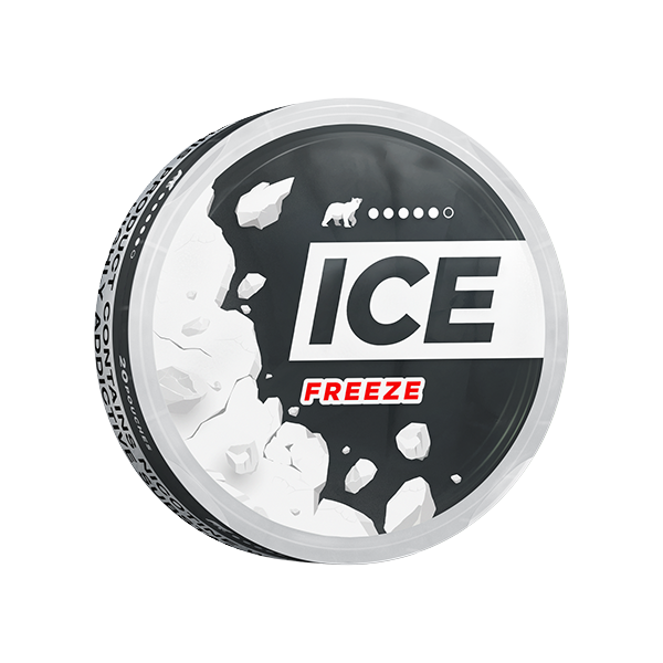 Perspective view of the Ice Freeze can in black, white, and silver with a graphic label design.