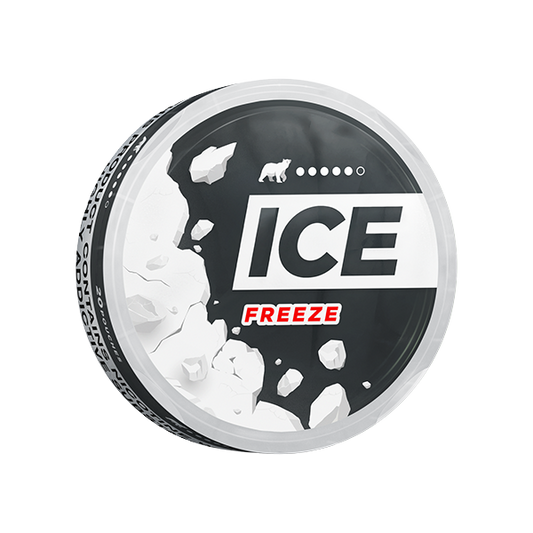 Perspective view of the Ice Freeze can in black, white, and silver with a graphic label design.