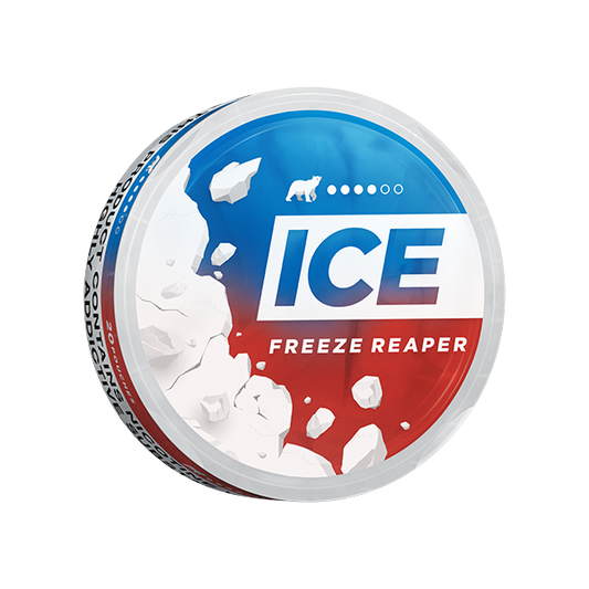 Perspective view of the Ice Freeze Reaper can showcasing frosted effect with blue, red, and white colors.
