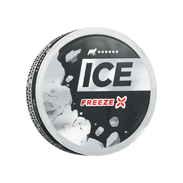 Perspective view of the Ice Freeze X mint can showcasing bold text and a circular design in black, white, and silver.