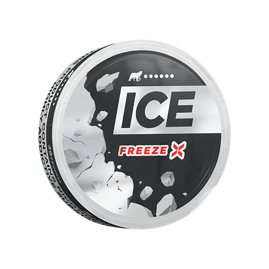 Perspective view of the Ice Freeze X mint can showcasing bold text and a circular design in black, white, and silver.