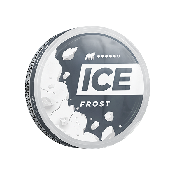 Perspective view of the ICE Frost can showcasing its circular design in black and white with a frosted effect.