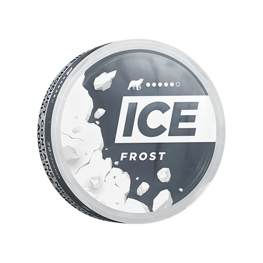 Perspective view of the ICE Frost can showcasing its circular design in black and white with a frosted effect.
