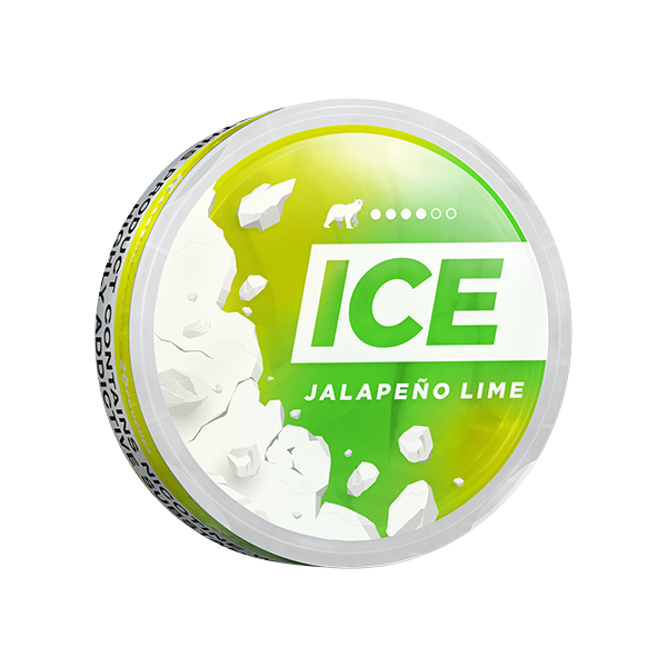 Perspective view of the ICE Jalapeno Lime can showcasing its circular design in green, white, and yellow colors.