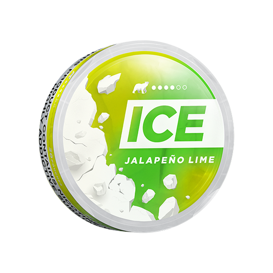 Perspective view of the ICE Jalapeno Lime can showcasing its circular design in green, white, and yellow colors.