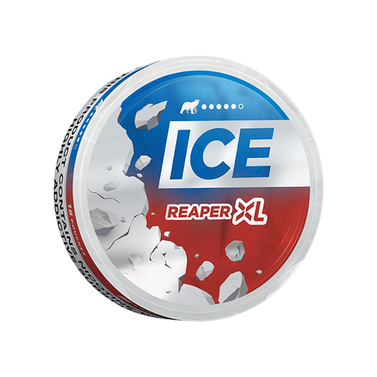 Perspective view of the Ice Reaper XL pouch showcasing blue, red, and white colors with a splash design.