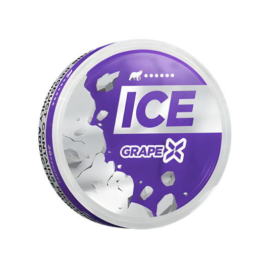 Close-up of a circular tub of Ice Grape featuring purple and white colors and a scoop design.