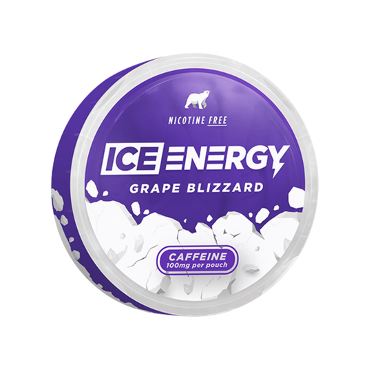Packaging of Ice Caffeine Pouch Grape Blizzard showcasing grape flavor and energy boost with a circular container on a whi…