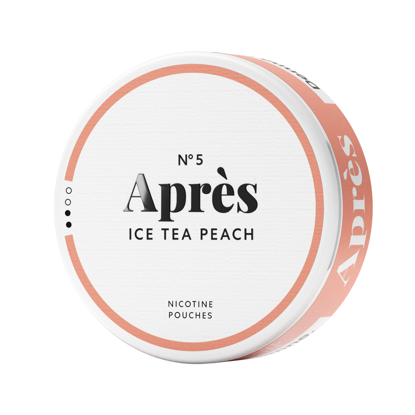 Detail close-up of the Ice Tea Peach pouch in a round container, showcasing peach and white branding.